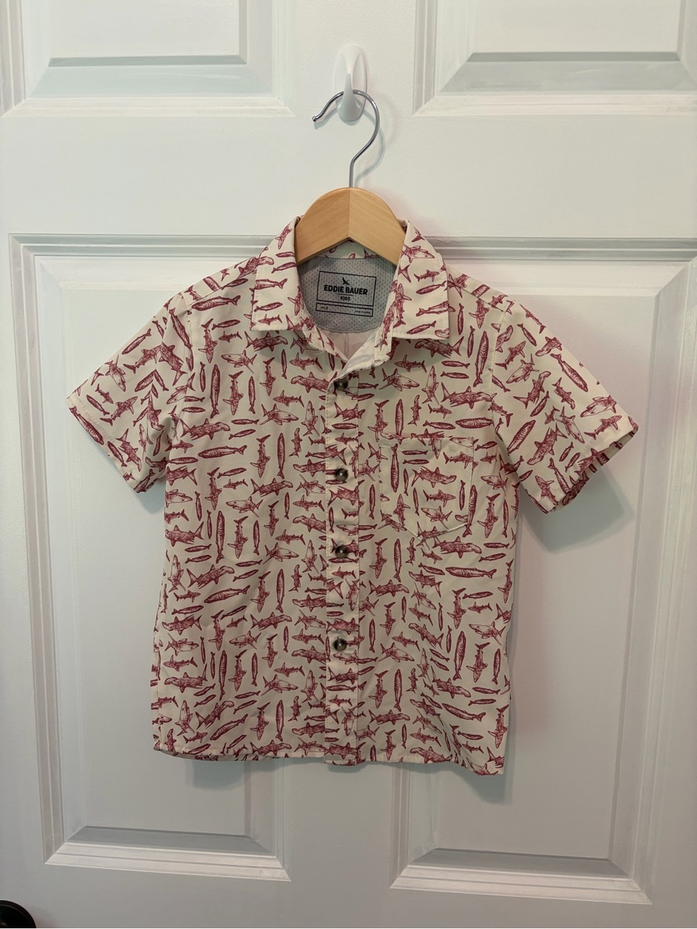 Eddie Bauer Kids Short Sleeve Button-Up — Cream with Red Fish Motif